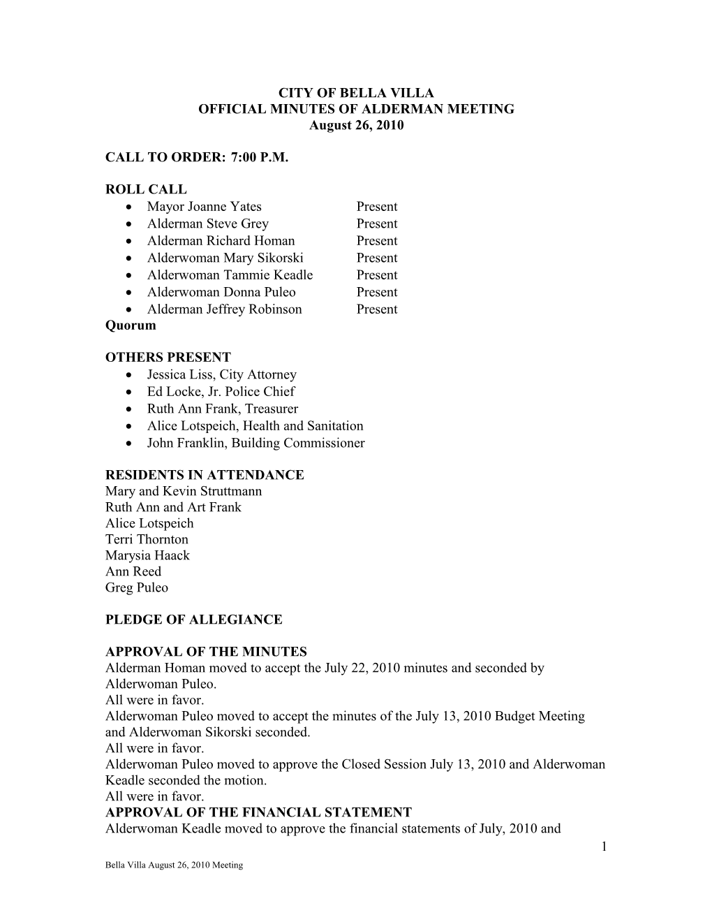 Official Minutes of Alderman Meeting