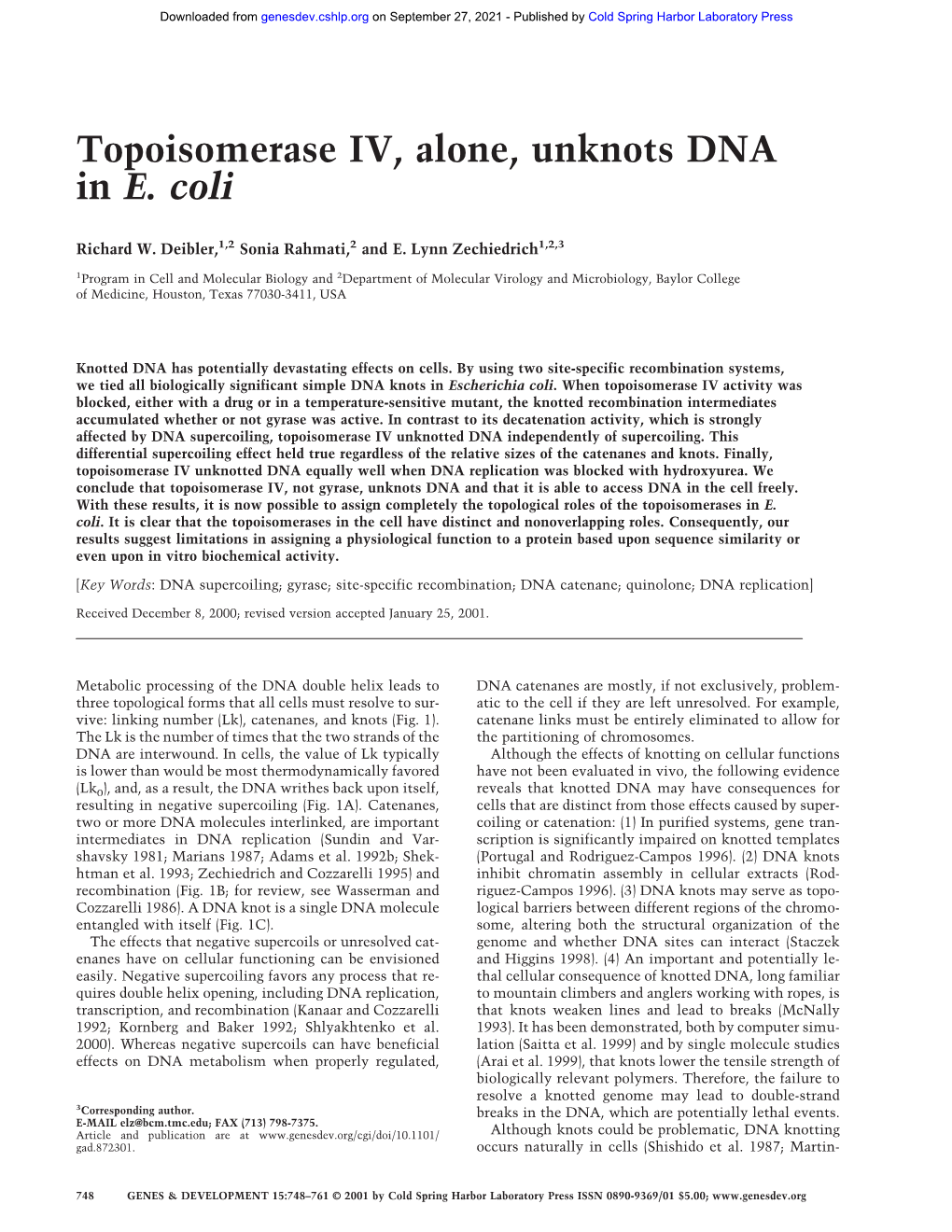 Topoisomerase IV, Alone, Unknots DNA in E. Coli