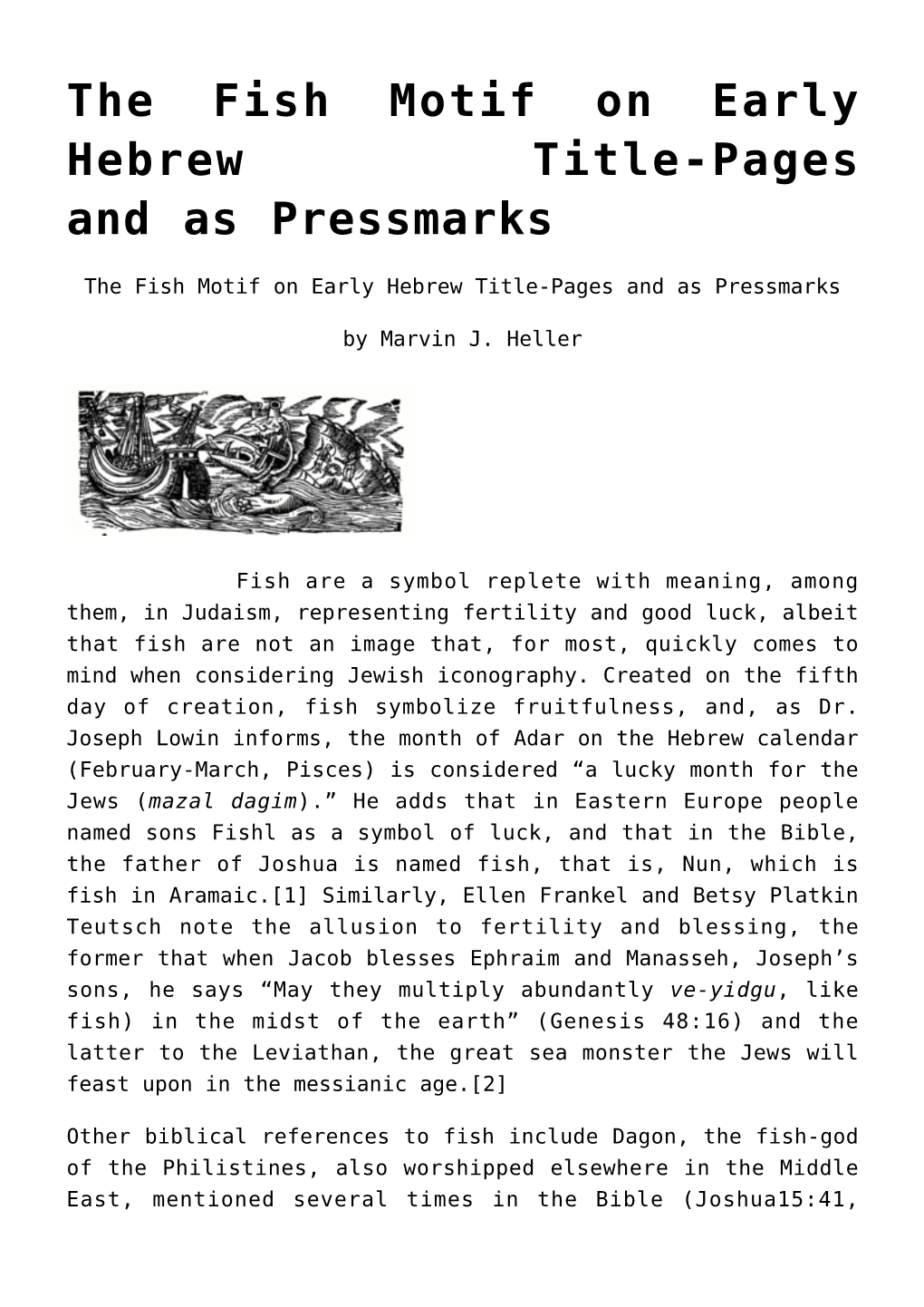 The Fish Motif on Early Hebrew Title-Pages and As Pressmarks