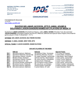Ravens Qb Lamar Jackson, Jets S Jamal Adams & Dolphins K Jason Sanders Named Afc Players of Week 10
