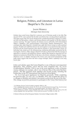 Religion, Politics, and Literature in Larisa Shepit'ko's the Ascent