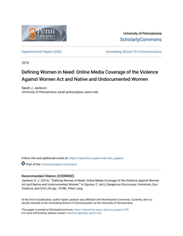 Online Media Coverage of the Violence Against Women Act and Native and Undocumented Women