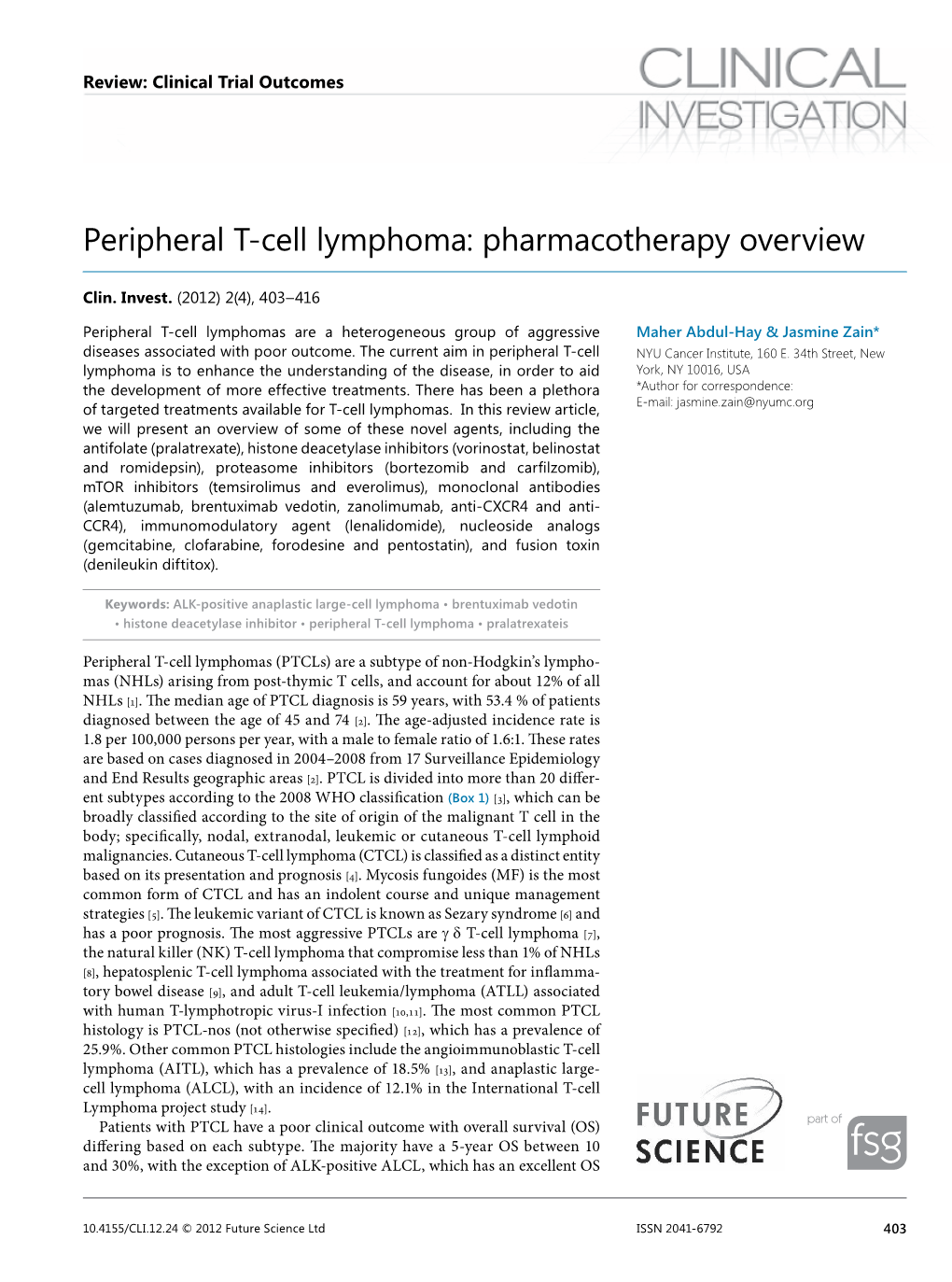 Peripheral T-Cell Lymphoma: Pharmacotherapy Overview