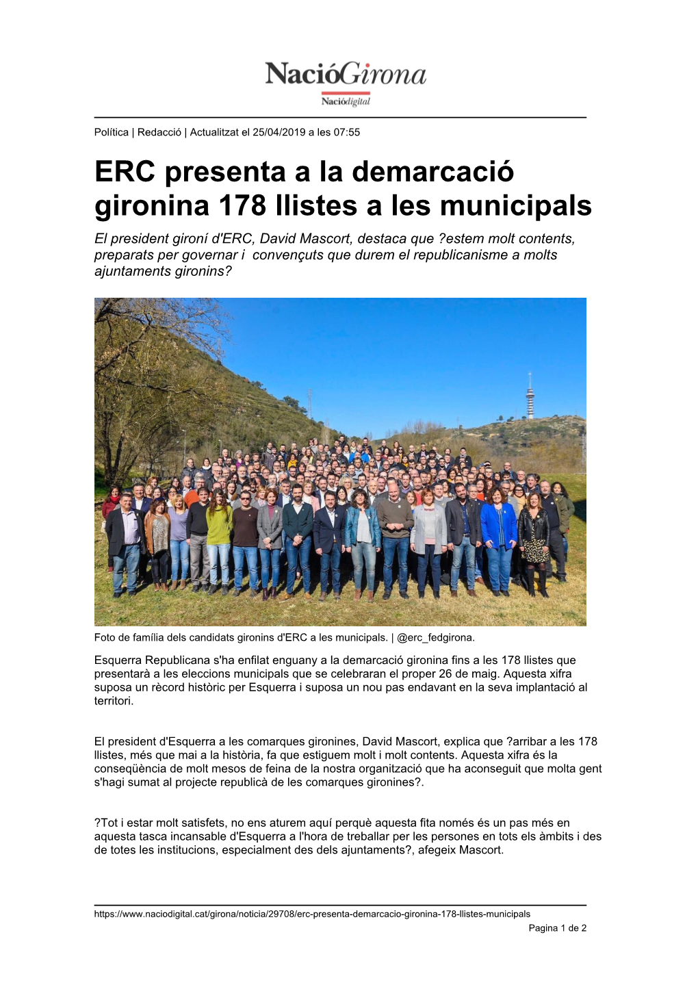 ERC Presenta a La Demarcació Gironina 178 Llistes a Les Municipals