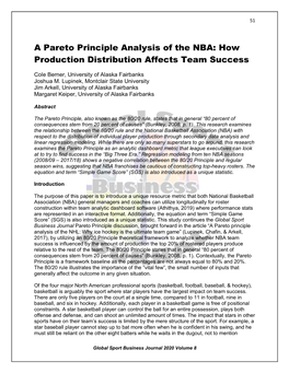 A Pareto Principle Analysis of the NBA: How Production Distribution Affects Team Success