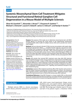 Systemic Mesenchymal Stem Cell Treatment Mitigates Structural and Functional Retinal Ganglion Cell Degeneration in a Mouse Model of Multiple Sclerosis