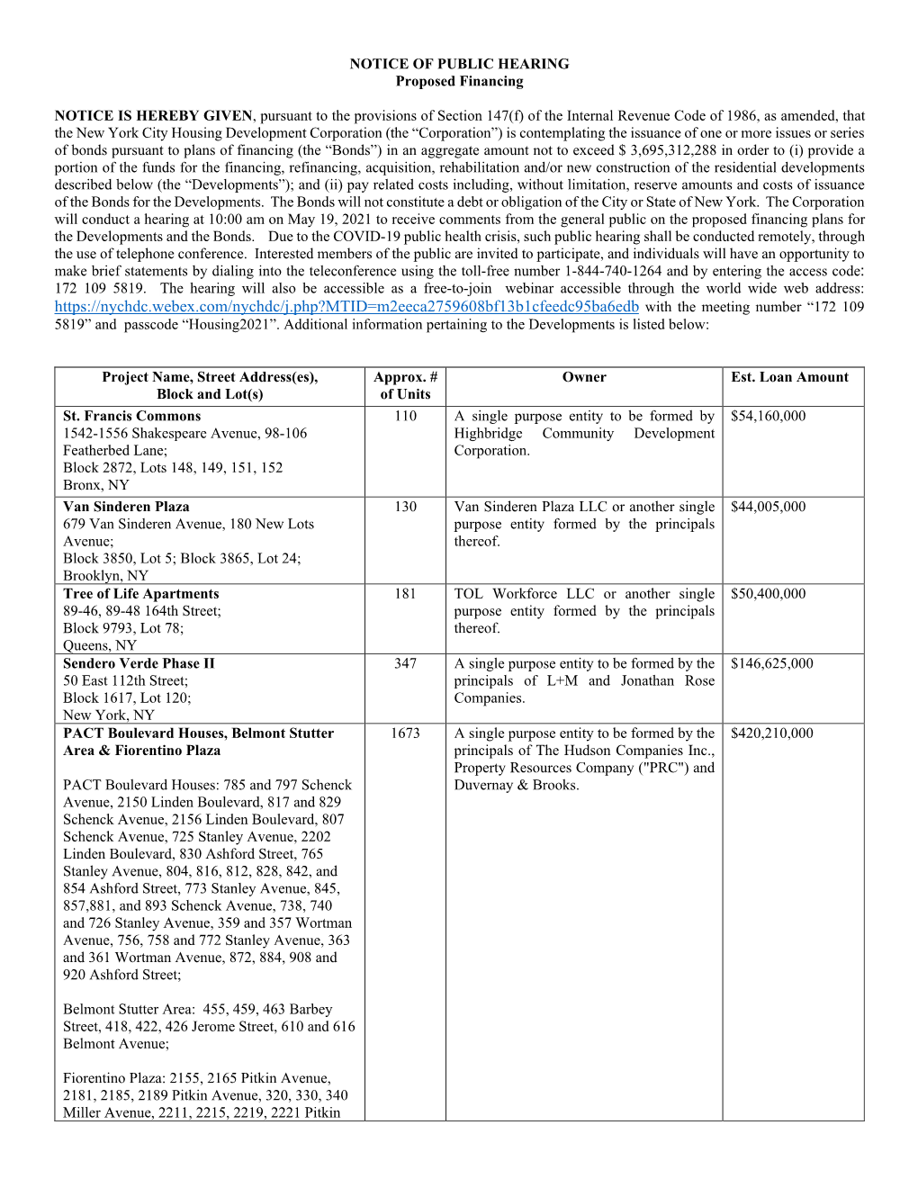 NOTICE of PUBLIC HEARING Proposed Financing