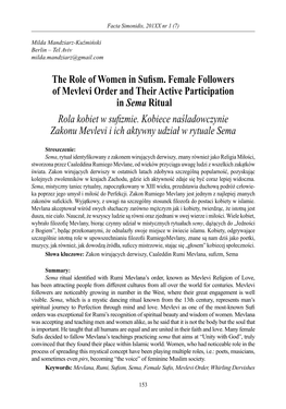 The Role of Women in Sufism. Female Followers of Mevlevi Order and Their Active Participation in Sema Ritual Rola Kobiet W Sufizmie