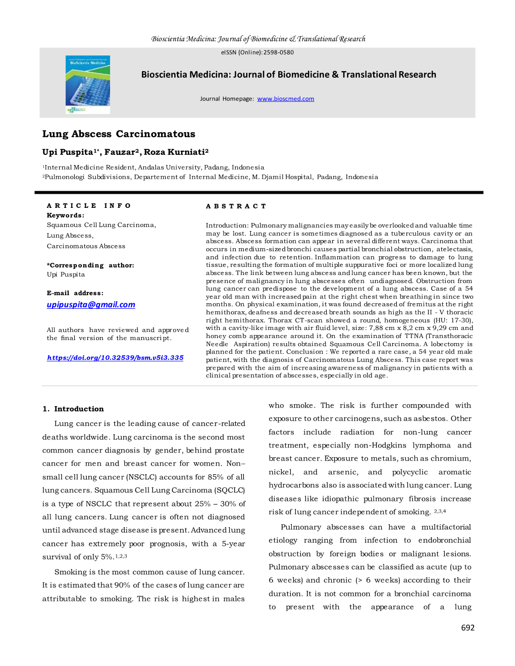 Lung Abscess Carcinomatous Bioscientia Medicina: Journal Of