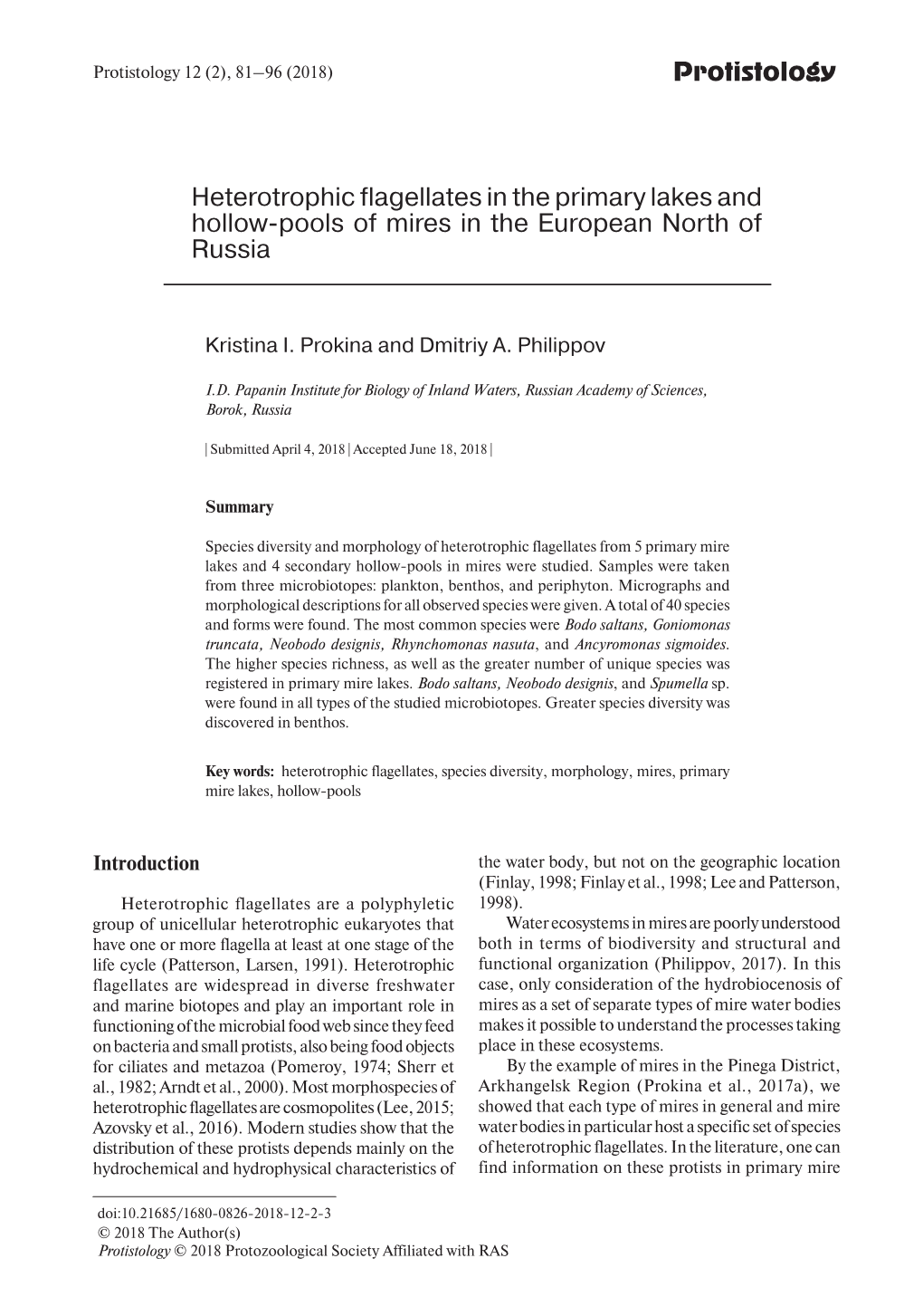 Protistology Heterotrophic Flagellates in the Primary Lakes and Hollow