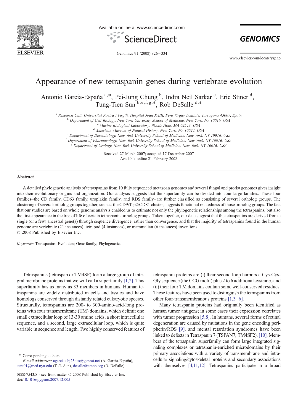 Appearance of New Tetraspanin Genes During Vertebrate Evolution