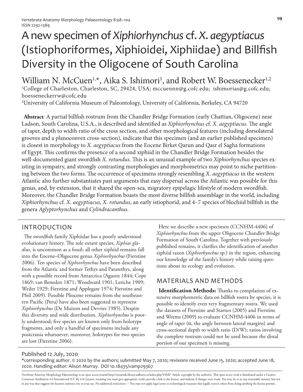 And Billfish Diversity in the Oligocene of South Carolina William N