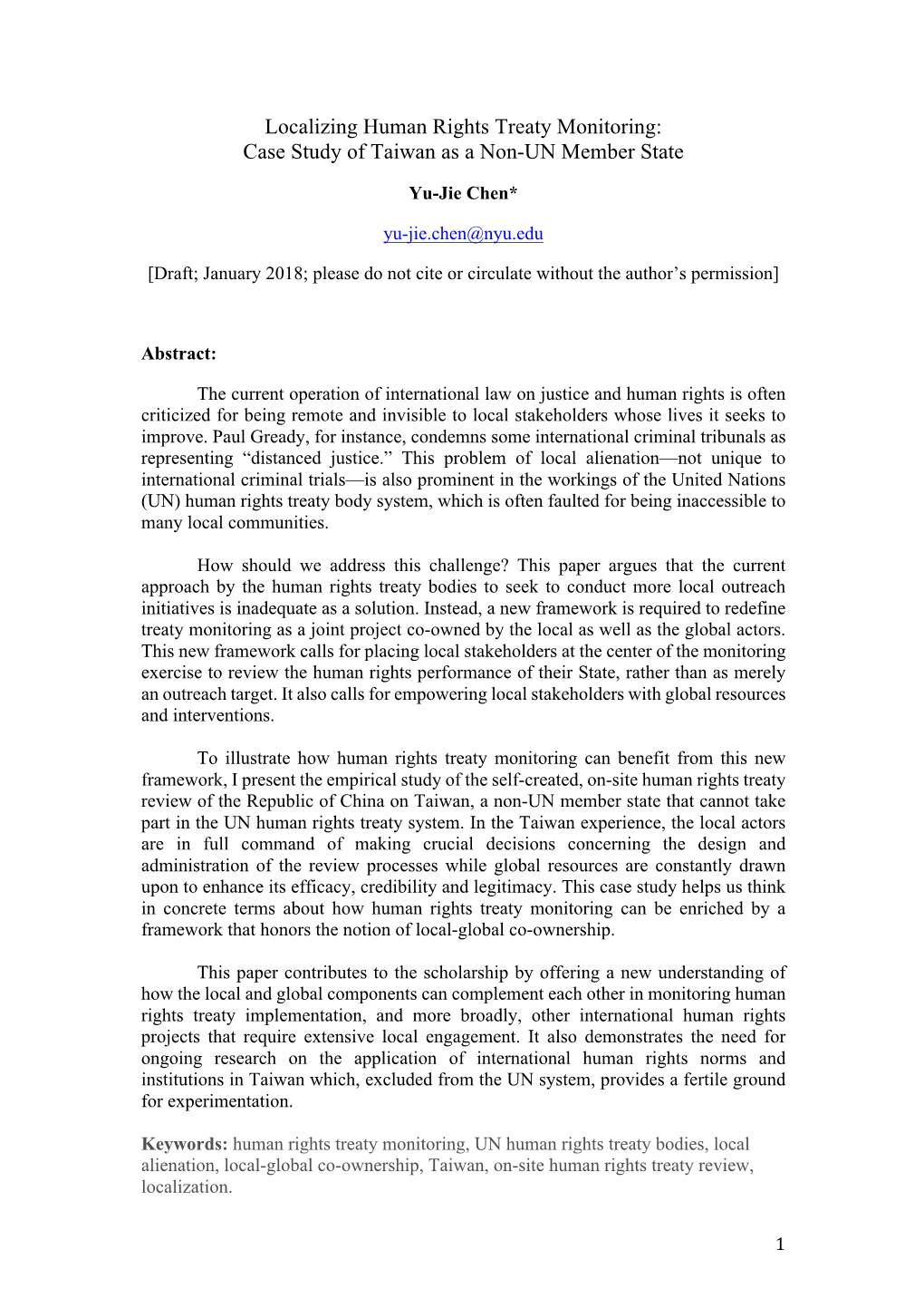 Localizing Human Rights Treaty Monitoring: Case Study of Taiwan As a Non-UN Member State