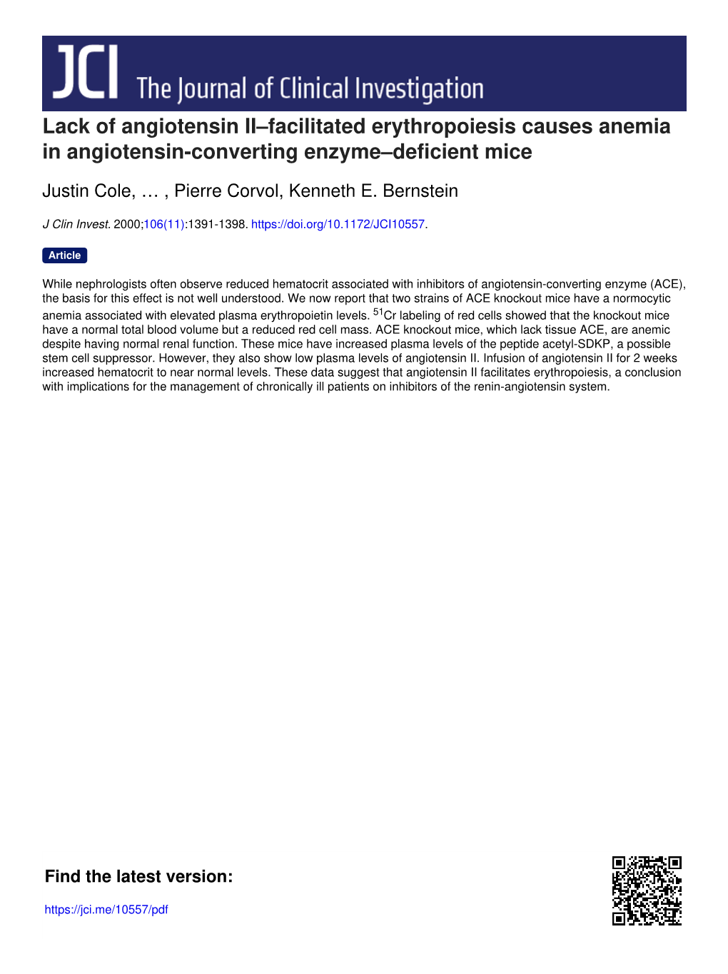 Lack of Angiotensin II–Facilitated Erythropoiesis Causes Anemia in Angiotensin-Converting Enzyme–Deficient Mice