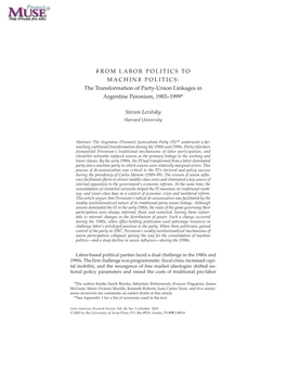 The Transformation of Party-Union Linkages in Argentine Peronism, 1983–1999*