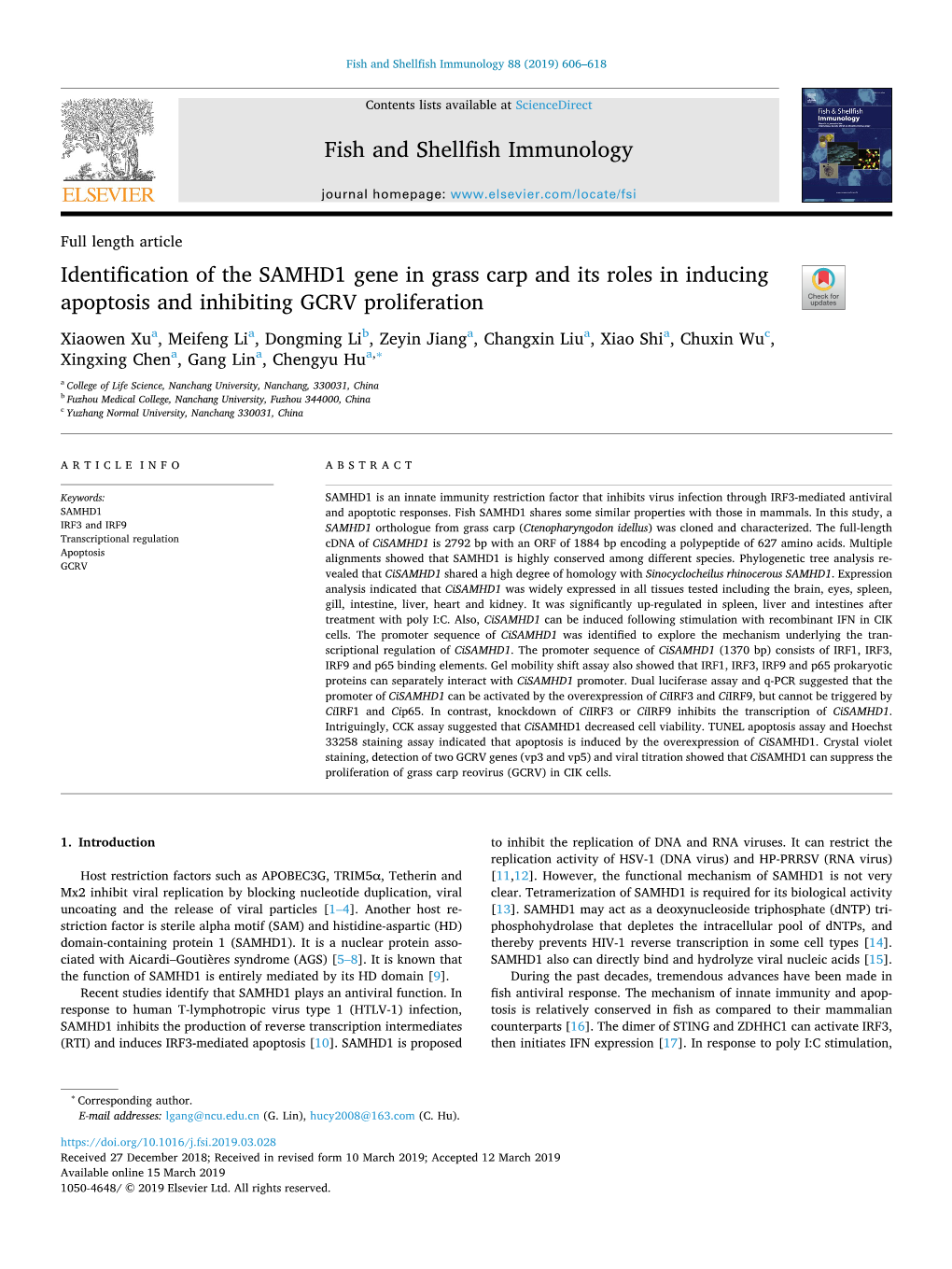 Identification of the SAMHD1 Gene in Grass Carp and Its Roles in Inducing