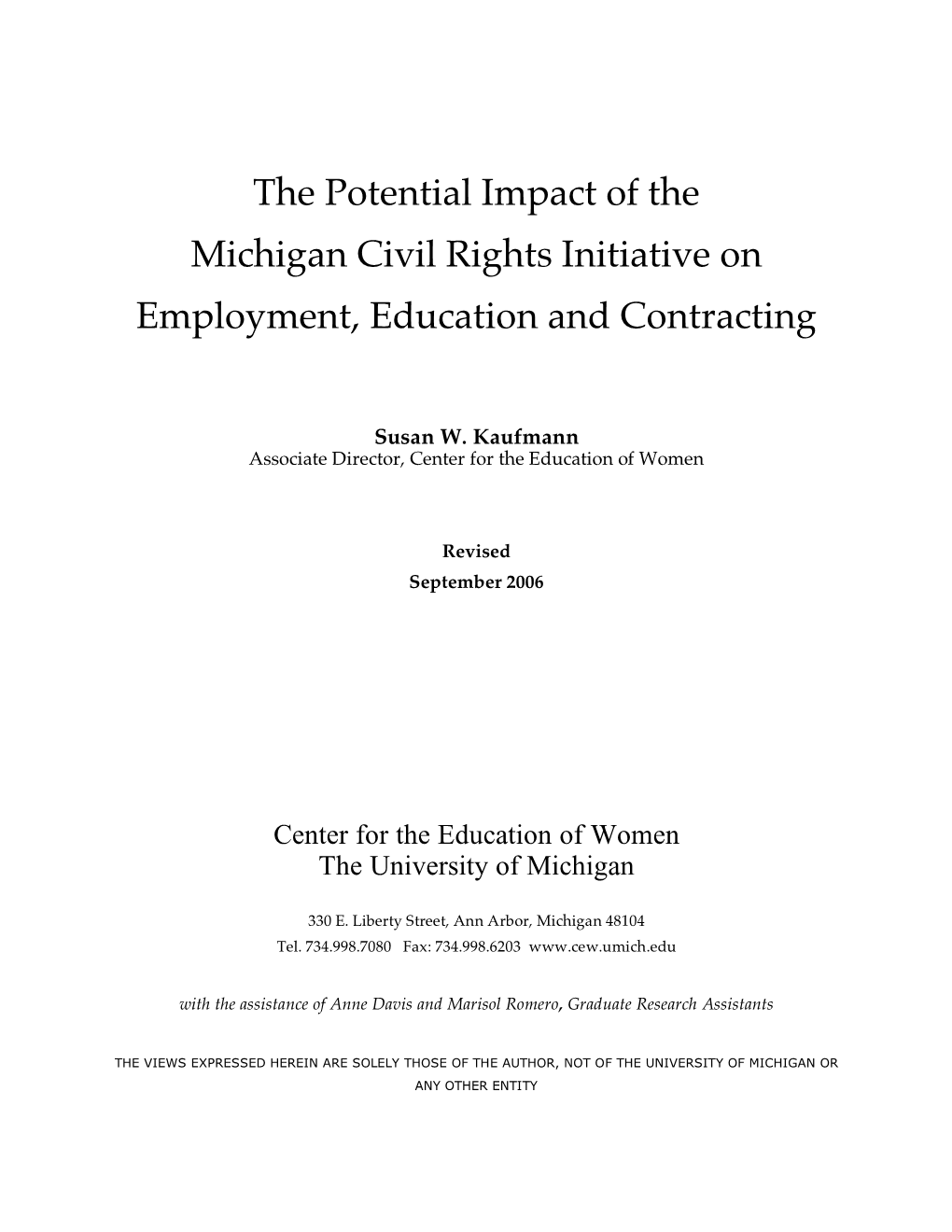 The Potential Impact of the Michigan Civil Rights Initiative on Employment, Education and Contracting