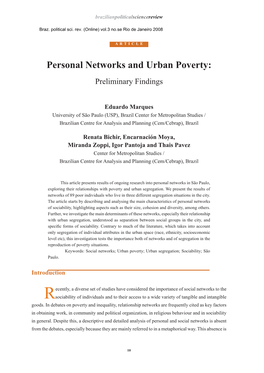 Personal Networks and Urban Poverty: Preliminary Findings