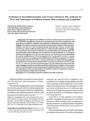 Evaluation of Ticarcillin/Clavulanic Acid Versus Ceftriaxone Plus Amikacin for Fever and Neutropenia in Pediatric Patients with Leukemia and Lymphoma