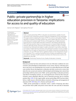 Public–Private Partnership in Higher Education Provision in Tanzania: Implications for Access to and Quality of Education