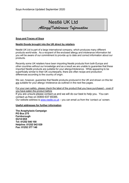 Nestlé UK Ltd Allergy/Intolerance Information