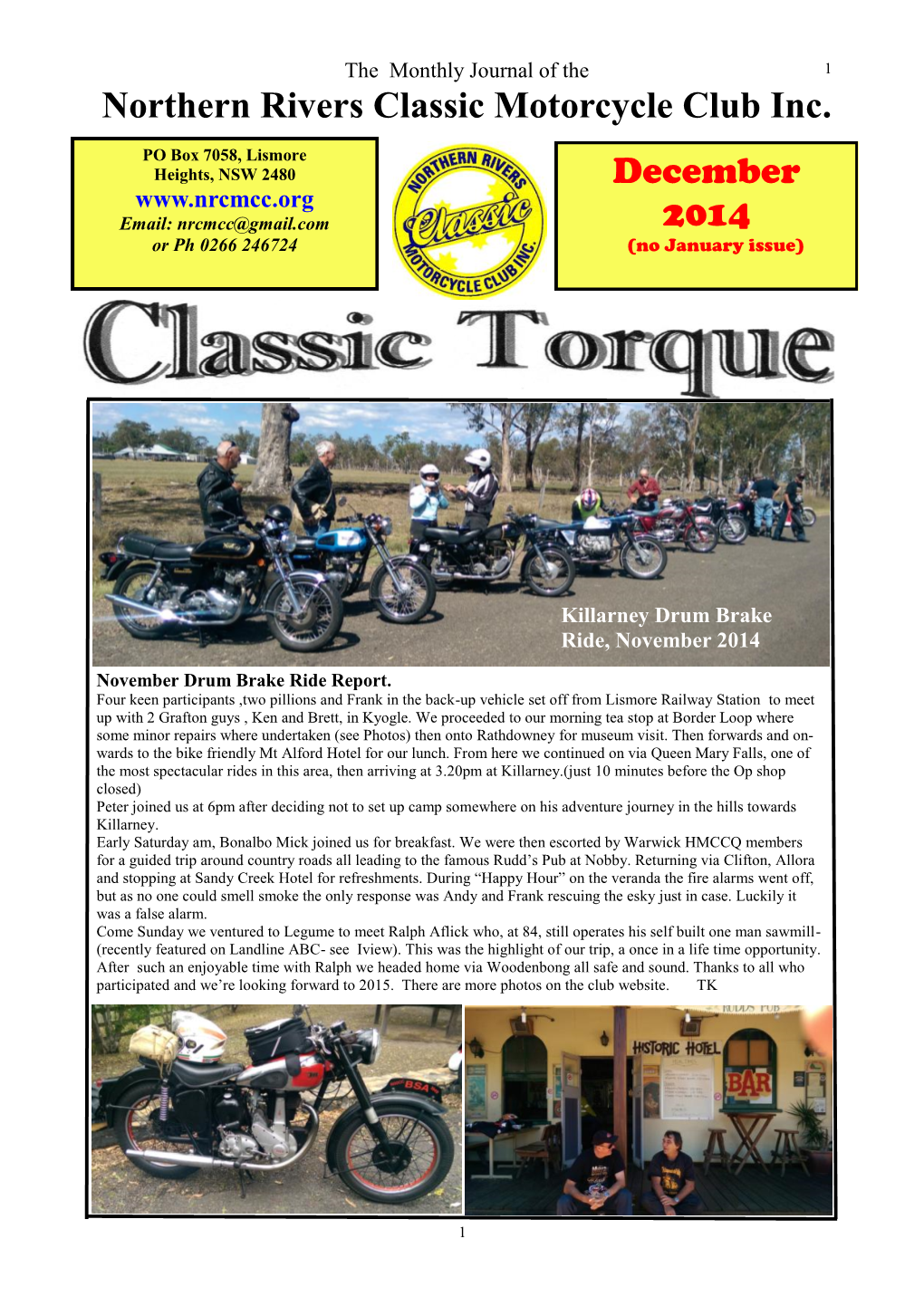 Northern Rivers Classic Motorcycle Club Inc. December 2014