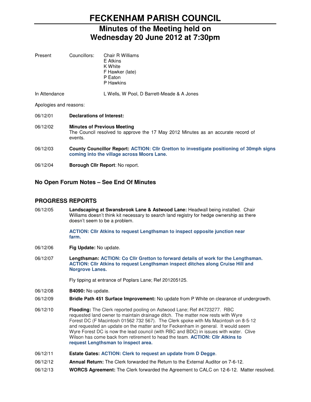 FECKENHAM PARISH COUNCIL Minutes of the Meeting Held on Wednesday 20 June 2012 at 7:30Pm