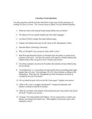 Literature Circle Questions Use These Questions and the Activities That