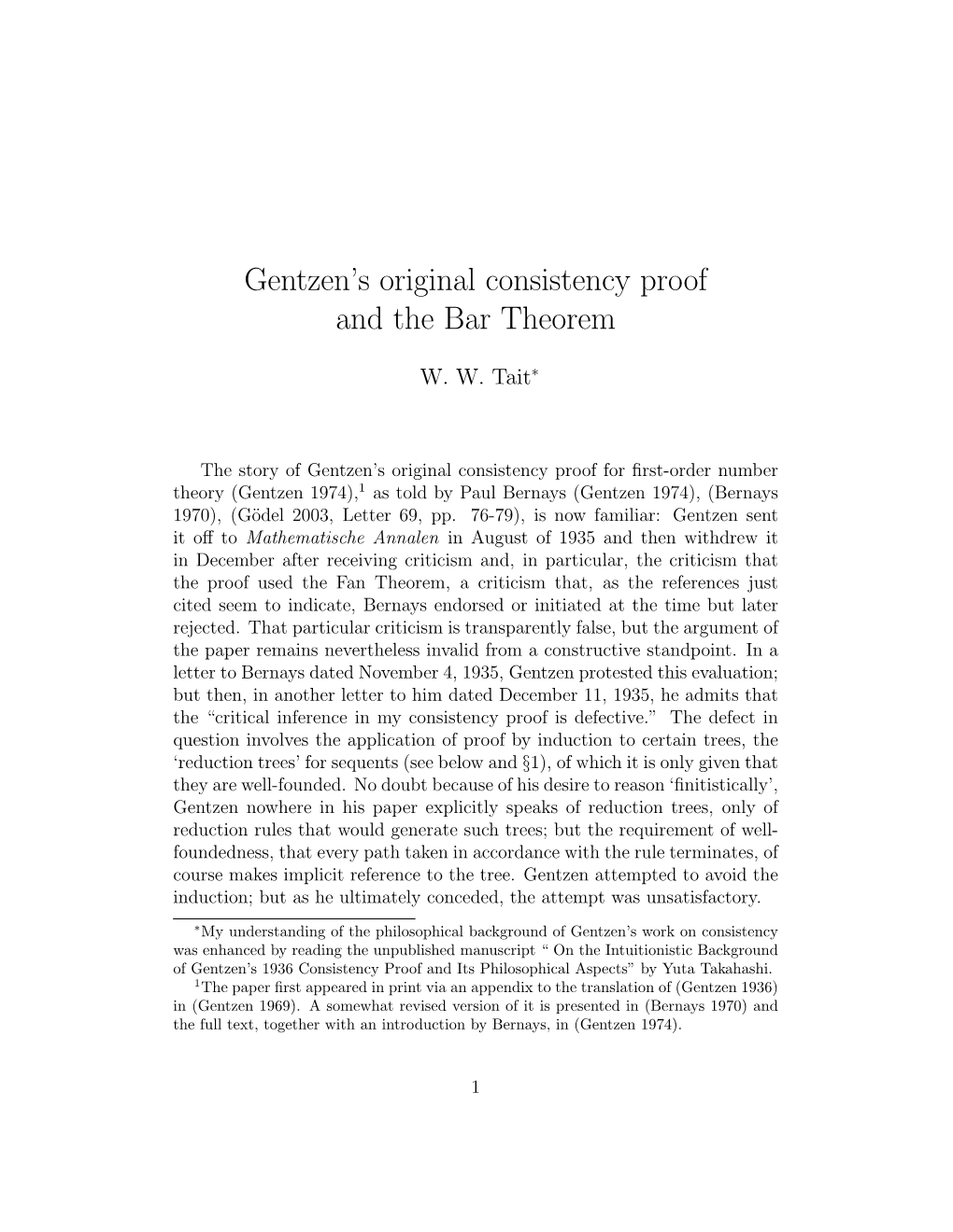 Gentzen's Original Consistency Proof and the Bar Theorem