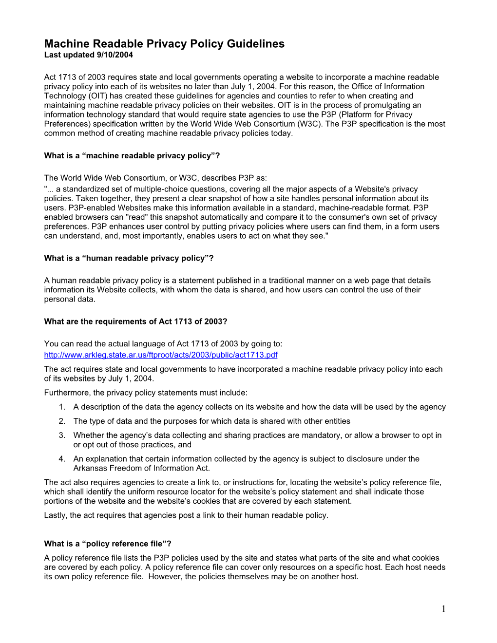 Machine Readable Privacy Policy Guidelines Last Updated 9/10/2004