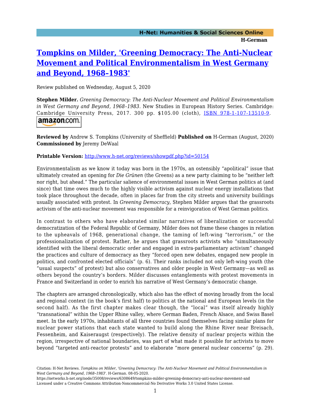 Tompkins on Milder, 'Greening Democracy: the Anti-Nuclear Movement and Political Environmentalism in West Germany and Beyond, 1968–1983'