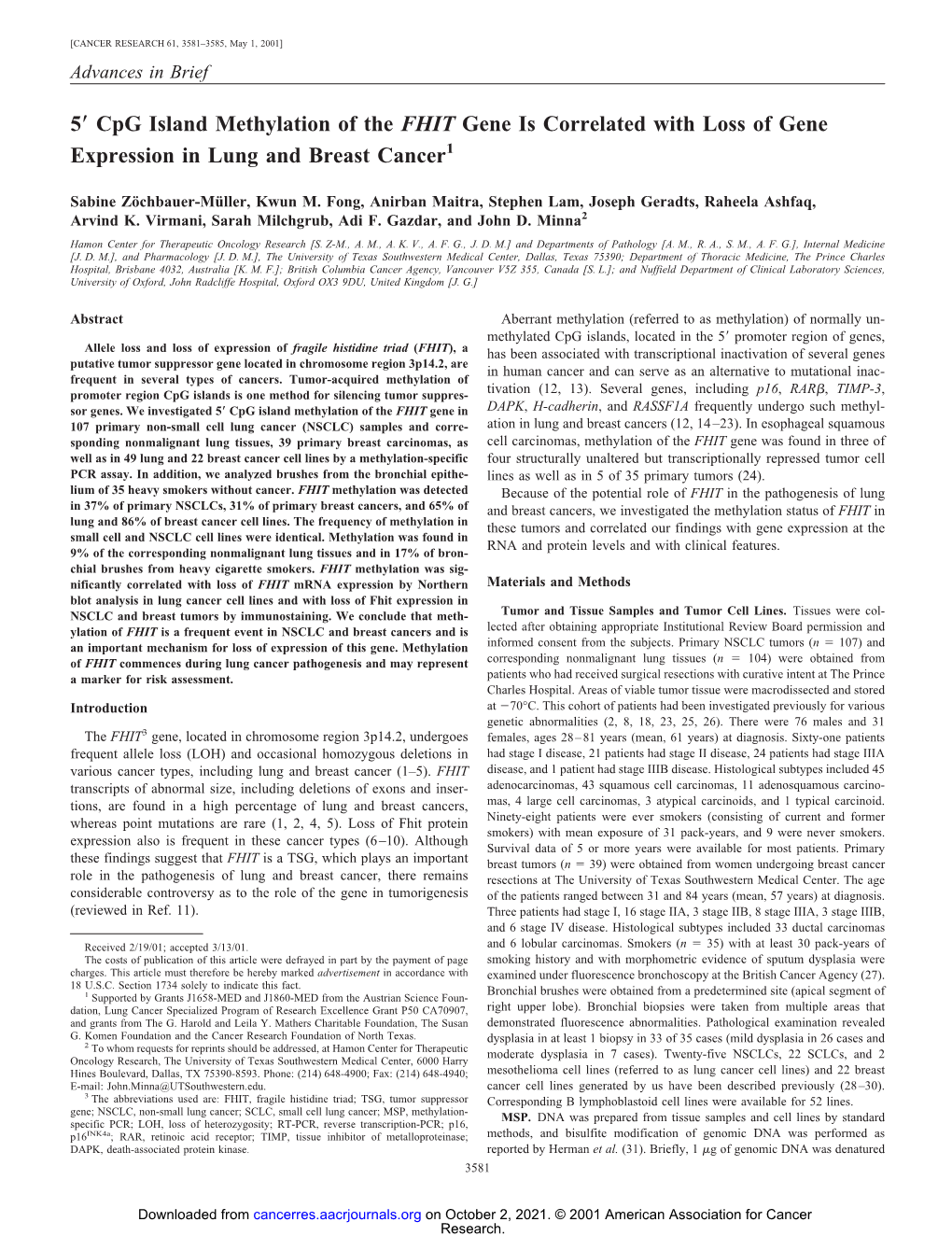 5 Cpg Island Methylation of the FHIT Gene Is Correlated with Loss Of