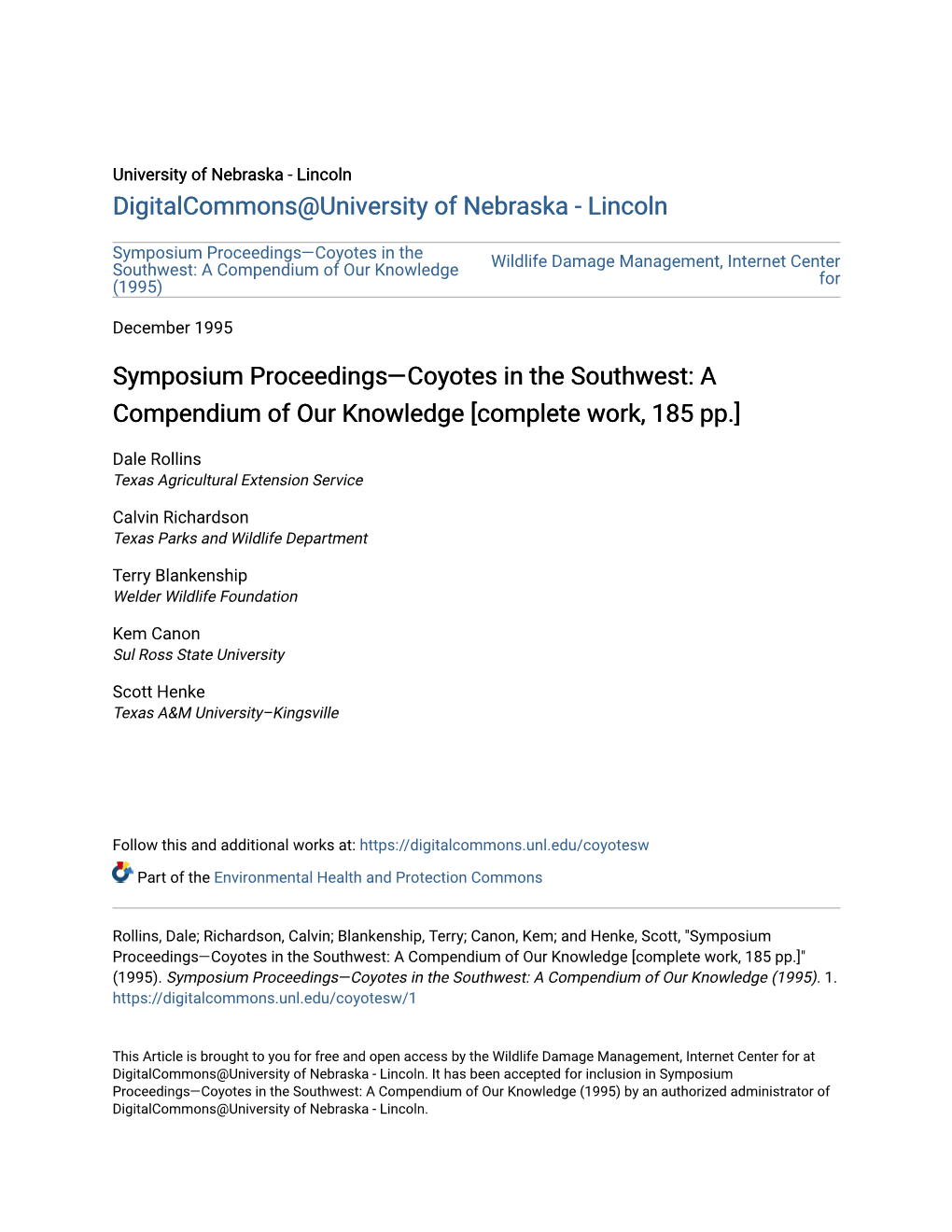 Symposium Proceedings—Coyotes in the Southwest: a Compendium of Our Knowledge Wildlife Damage Management, Internet Center (1995) For