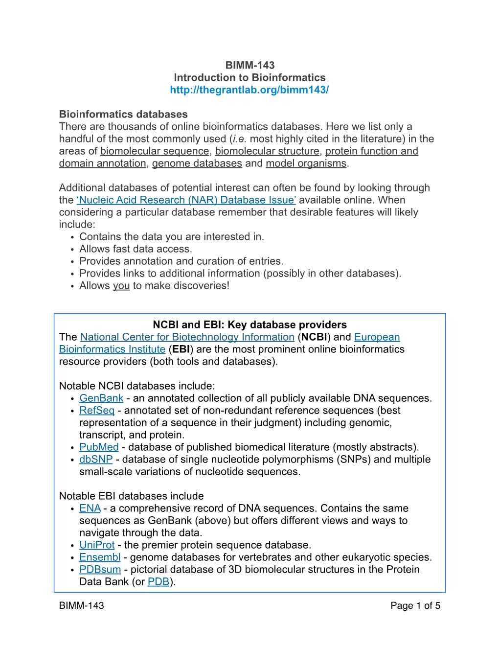 Major Bioinformatics Databases