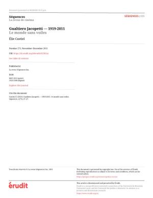 Gualtiero Jacopetti — 1919-2011 Le Monde Sans Voiles Élie Castiel