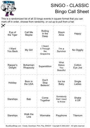 SINGO - CLASSIC Bingo Call Sheet