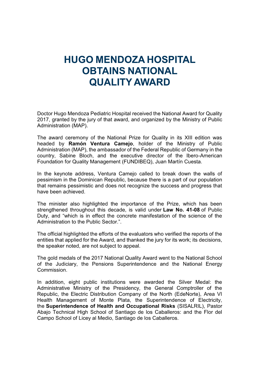 Hugo Mendoza Hospital Obtains National Qualityaward