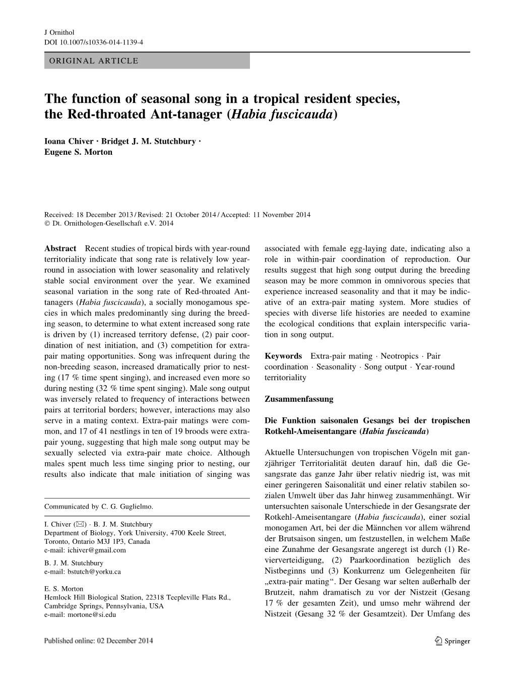 The Function of Seasonal Song in a Tropical Resident Species, the Red-Throated Ant-Tanager (Habia Fuscicauda)