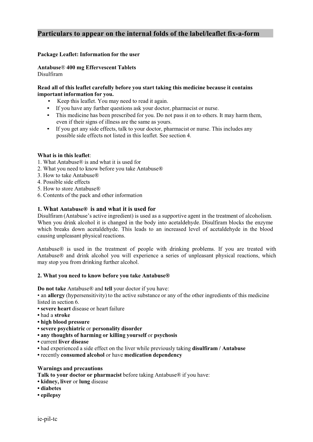 Particulars to Appear on the Internal Folds of the Label/Leaflet Fix-A-Form