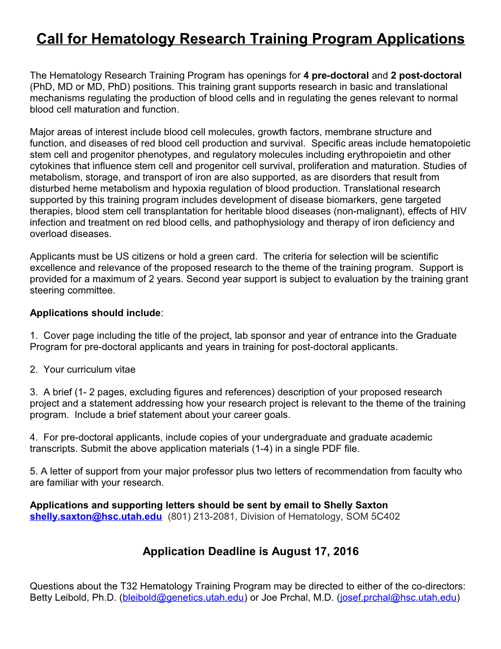 Call for Hematology Research Training Program Applications