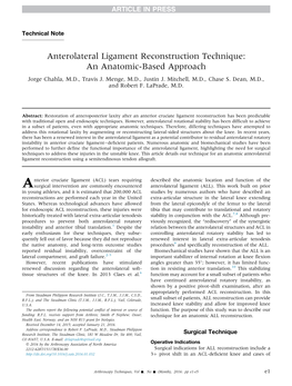 Anterolateral Ligament Reconstruction Technique: an Anatomic-Based Approach Jorge Chahla, M.D., Travis J