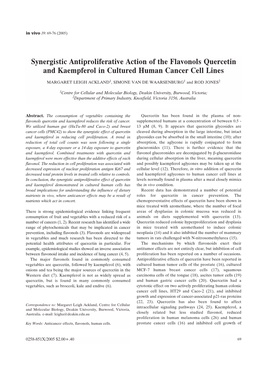 Synergistic Antiproliferative Action of the Flavonols Quercetin and Kaempferol in Cultured Human Cancer Cell Lines