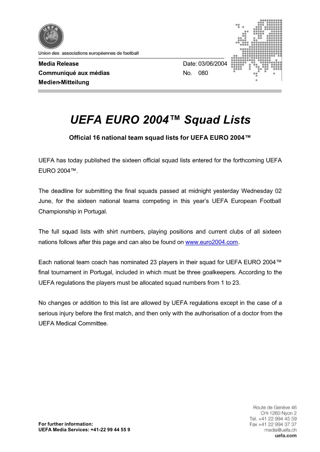 UEFA EURO 2004™ Squad Lists