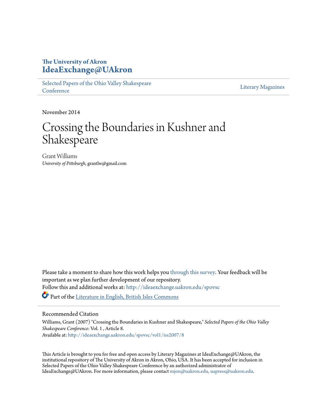 Crossing the Boundaries in Kushner and Shakespeare Grant Williams University of Pittsburgh, Grantlw@Gmail.Com