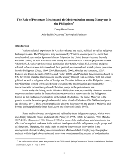 Kwon Dong-Hwan, “The Role of Protestant Mission and the Modernization Among Mangyans in the Philippines