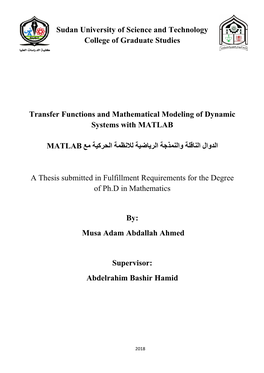 Sudan University of Science and Technology College of Graduate Studies Transfer Functions and Mathematical Modeling of Dynamic S