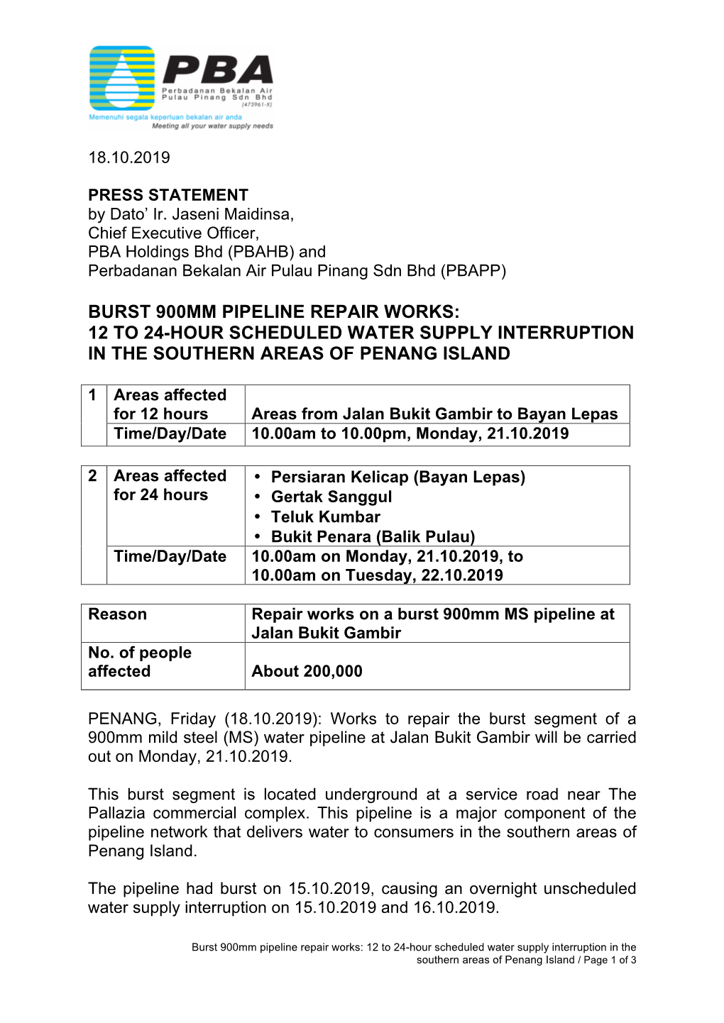Burst 900Mm Pipeline Repair Works: 12 to 24-Hour Scheduled Water Supply Interruption in the Southern Areas of Penang Island