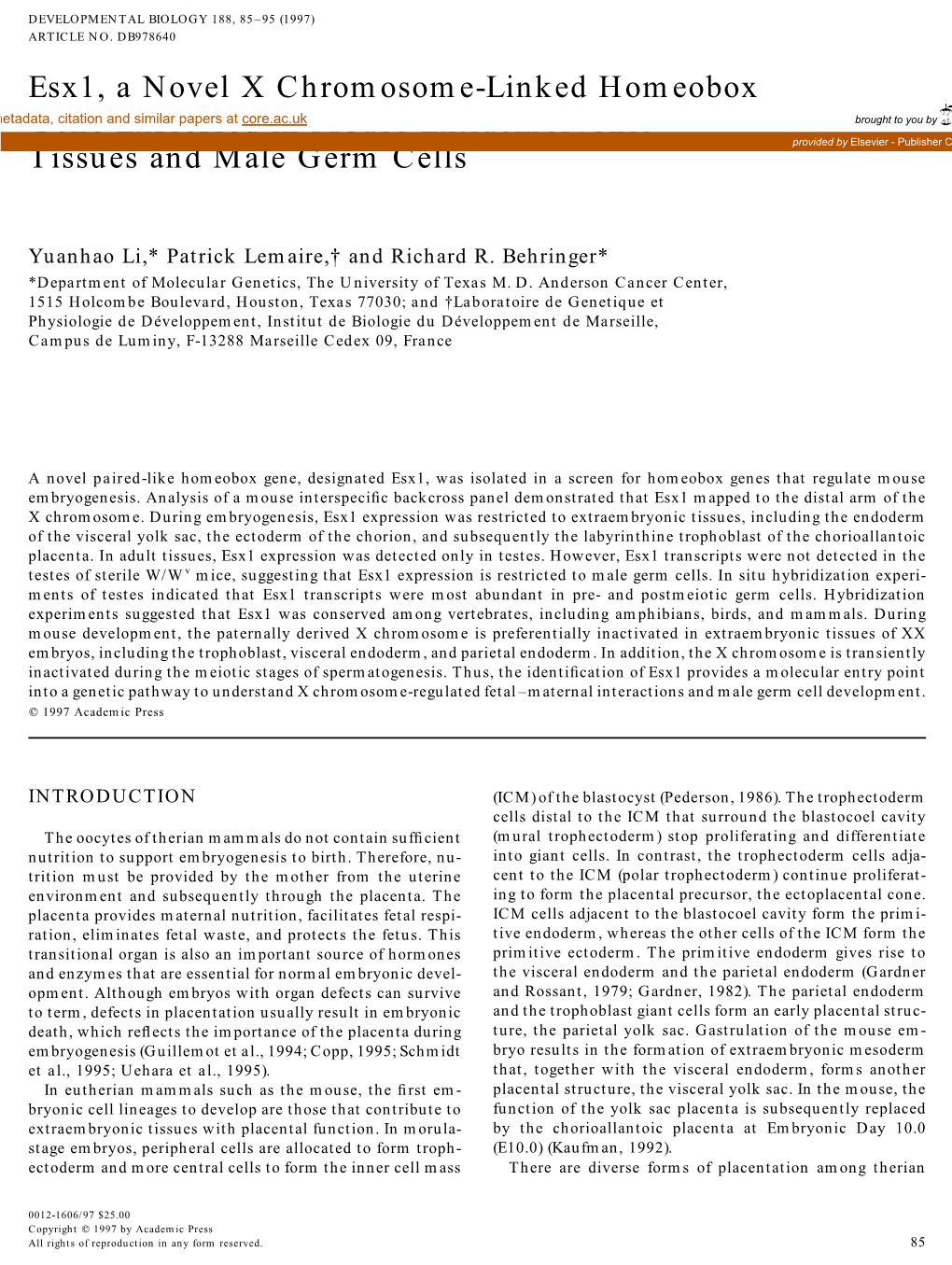 Esx1, a Novel X Chromosome-Linked Homeobox Gene Expressed In