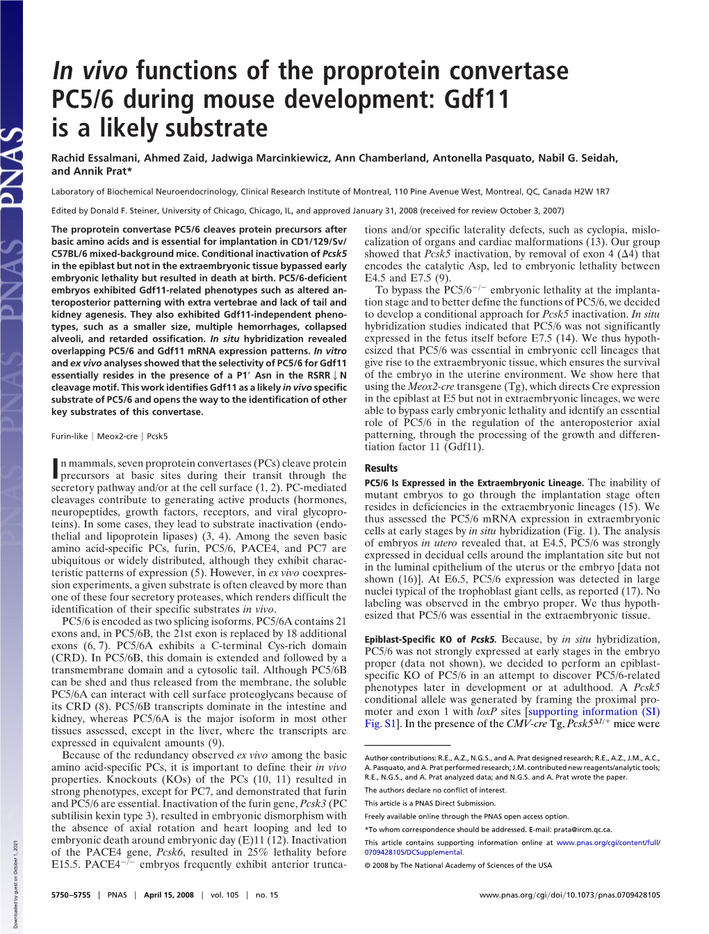 In Vivo Functions of the Proprotein Convertase PC5/6 During Mouse Development: Gdf11 Is a Likely Substrate