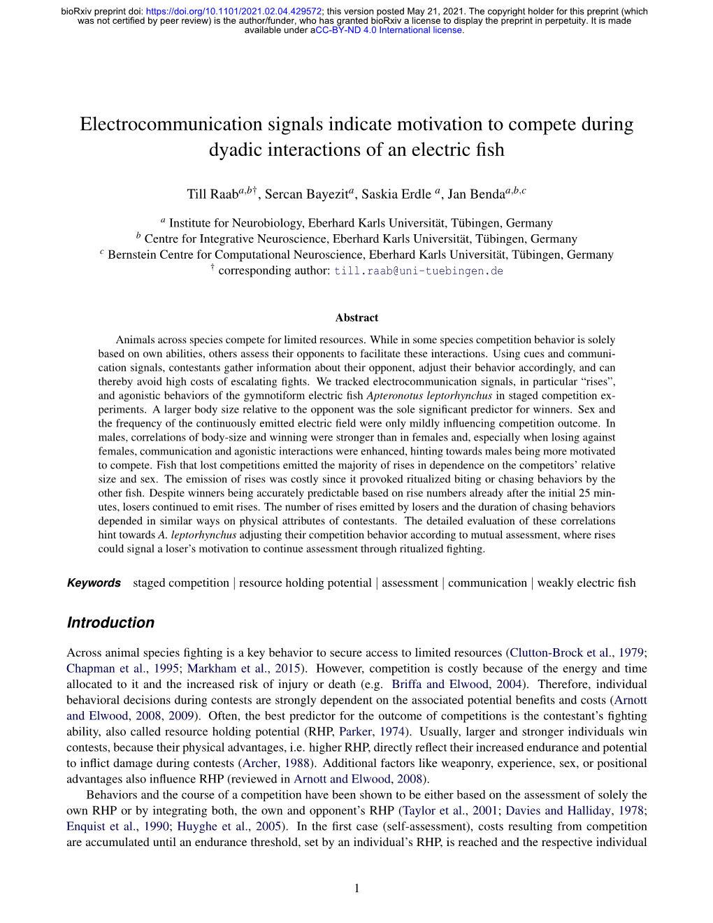 Electrocommunication Signals Indicate Motivation to Compete During Dyadic Interactions of an Electric ﬁsh